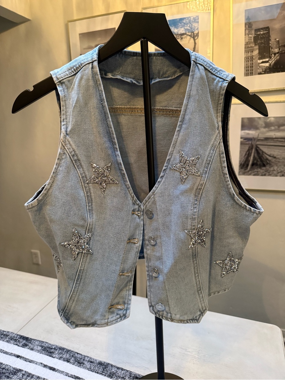 SHEIN Light Blue Denim Vest with Sparkle Star Embellishments